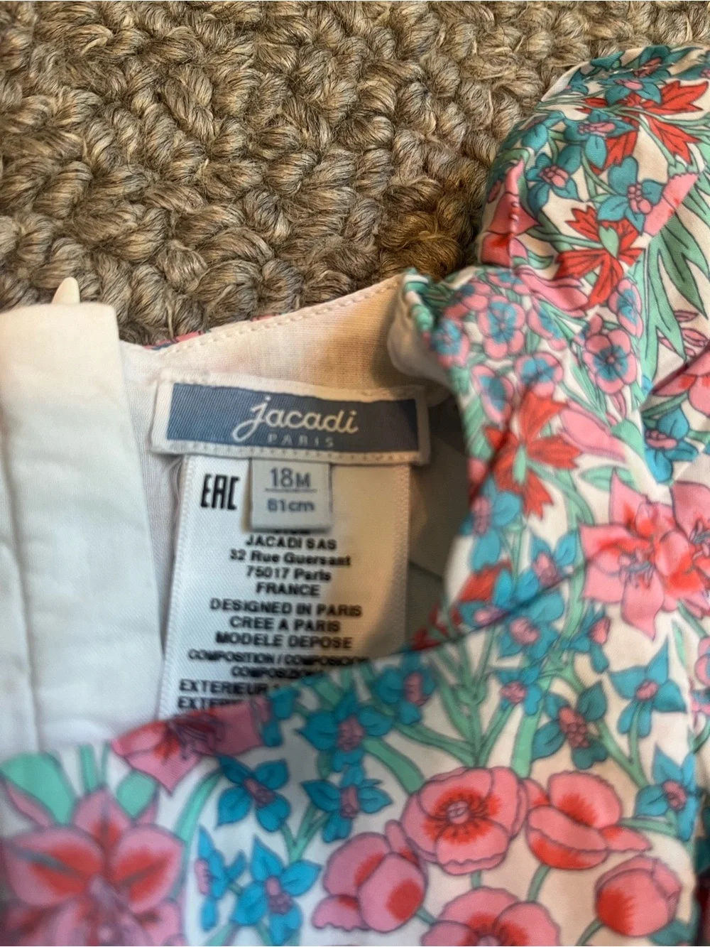 JACADI Floral Printed Romper - Pink & Green